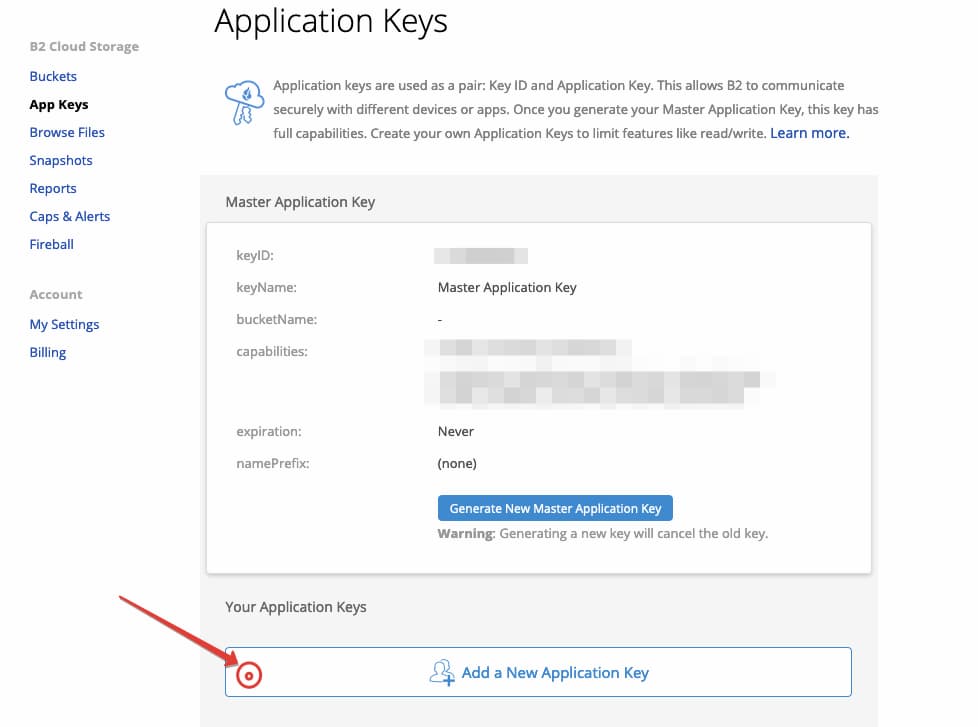 registering access keys for B2 Cloud